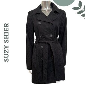 Suzy Shier Black Jacquard Textured Doible Breasted Lined Trench Coat  Size Small